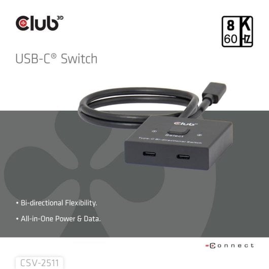 Switch KVM Club 3D CSV-2511 USB-C 8K 2x DisplayPort PD 100W