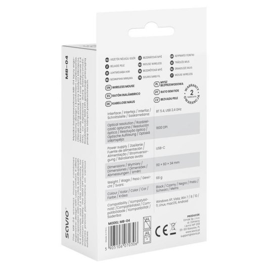 Ratón Savio MB-04 Bluetooth 2.4GHz 1600DPI Noir Double Connexion Silencieux