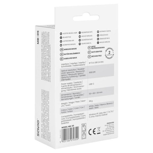 Ratón Savio MB-05 Bluetooth Sans Fil 1600 DPI Blanc Clic Silencieux