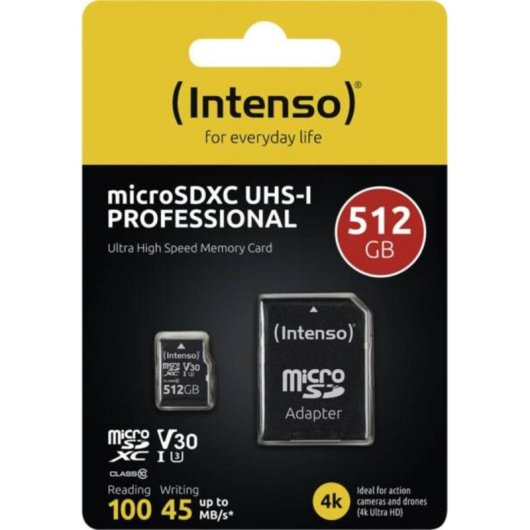 Cartão Intenso 3433493 microSDXC 512GB UHS-I U3 V30 com adaptador SD