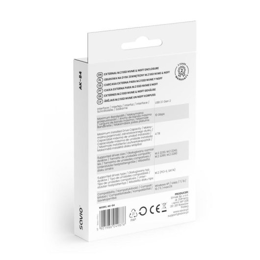 Caja externa SSD Savio AK-84 M.2 ABS Aluminio Negra Compacta USB 3.1 Gen 2