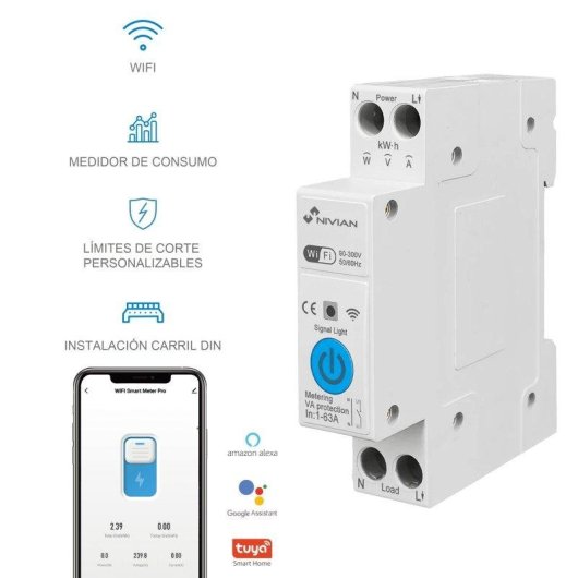 Relé Wi-Fi Nivian Smart Home DIN Monitorización energía Protección sobrecarga