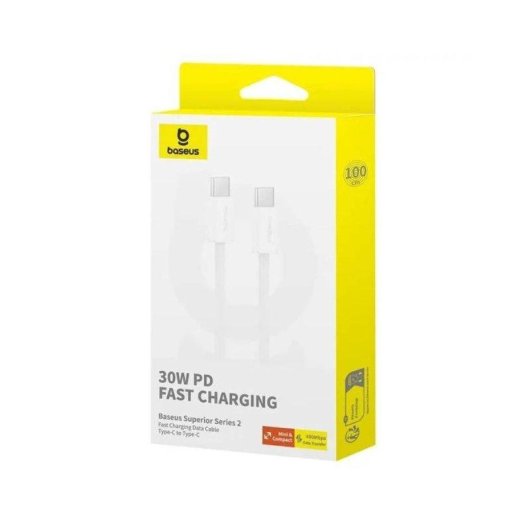 Câble Baseus USB-C 1m Blanc Charge Rapide 30W Transfert 480Mbps