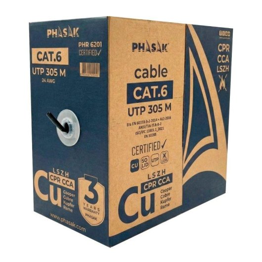 Bobine câble réseau Phasak PHR 6201 Cat.6 UTP cuivre LSZH 305 m