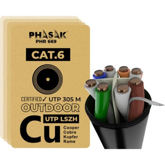 Câble réseau Phasak PHR 669 Cat6 UTP extérieur cuivre LSZH 305m gris