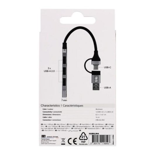 Hub TnB 4 puertos 5 Gbps HUBSLIM4 USB-A y USB-C ultradelgado aluminio