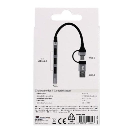Hub TnB 4 puertos 5 Gbps HUBSLIM4 USB-A y USB-C ultradelgado aluminio