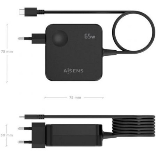 Carregador de parede Aisens ASCH-1PD65WL80-BK USB-C 65W GaN cabo 1,5 m preto