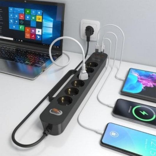 Régua Aisens ASPS-2A2C17-BK 6 Tomadas 2 USB-A 2 USB-C com Proteção e Interruptor