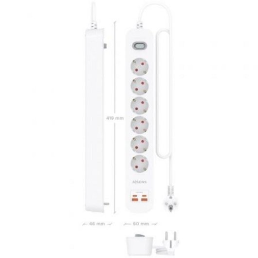 Multiprise Aisens ASPS-2A2C16-W 6 Prises 2 USB-A 2 USB-C Protection Interrupteur