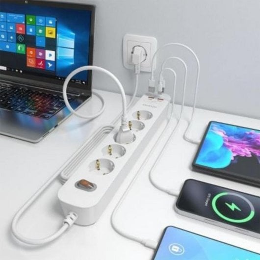 Multiprise Aisens ASPS-2A2C14-W 5 Prises 2 USB-A 2 USB-C avec Protection et Interrupteur