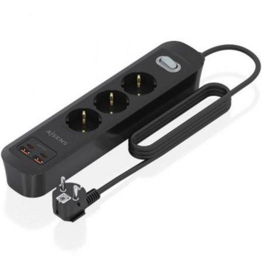 Multiprise Aisens ASPS-2A2C11-BK 3 Prises 2 USB-A 2 USB-C avec Protection et Interrupteur