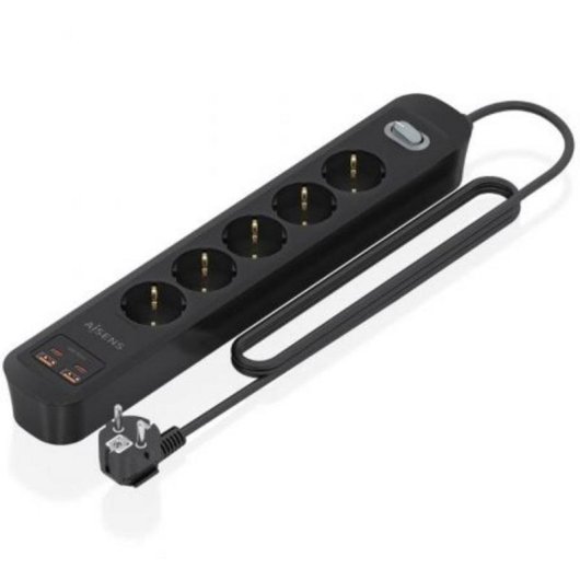 Multiprise Aisens ASPS-2A2C15-BK 5 Prises 2 USB-A 2 USB-C avec Protection et Interrupteur