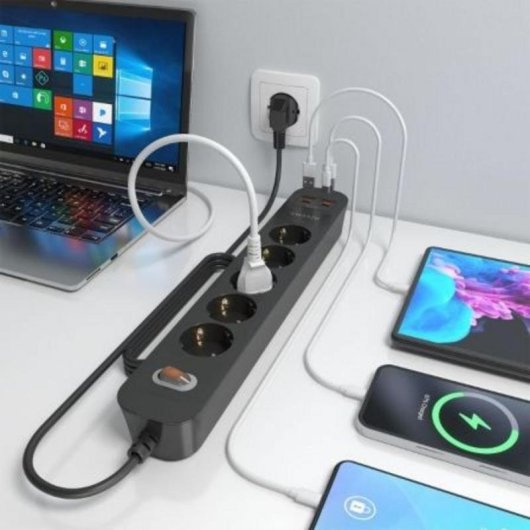 Multiprise Aisens ASPS-2A2C15-BK 5 Prises 2 USB-A 2 USB-C avec Protection et Interrupteur