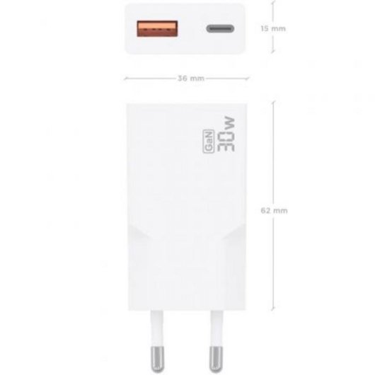 Chargeur Aisens A110-1002 GaN 30W USB-C PD3.0 QC4.0 USB-A QC3.0 Blanc