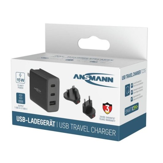 Chargeur Ansmann TC315 15W 3 Ports USB-C USB-A Compact Universel