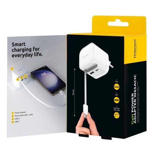 Sai Intenso 65W Batterie Intégrée GaN Charge Rapide USB-C USB-A Compact