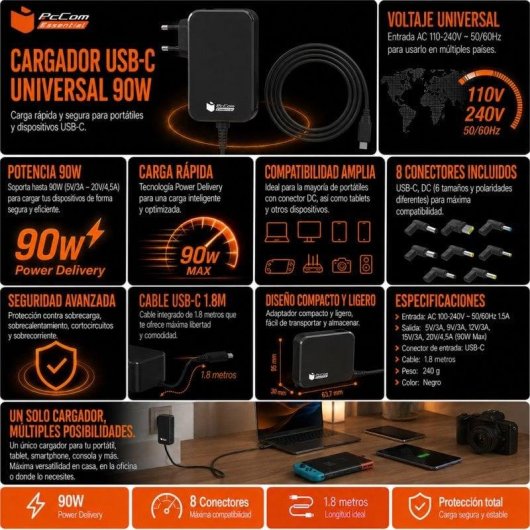 PcCom Essential Cargador Universal 90W USB-C 8 Adaptadores para Portátil