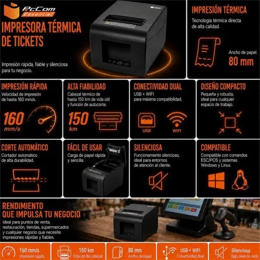PcCom Essential Impresora de Tickets Térmica 80 mm USB + WIFI Negra