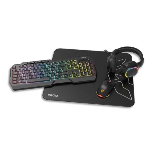 Clavier Krom Kenta Pack 4 en 1 à membrane RGB Noir avec souris, casque et tapis