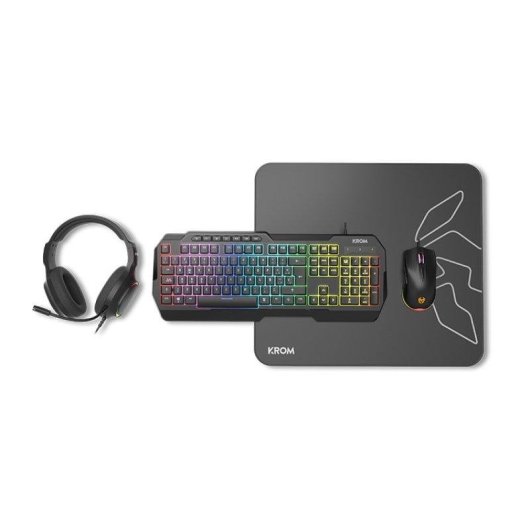 Clavier Krom Kenta Pack 4 en 1 à membrane RGB Noir avec souris, casque et tapis