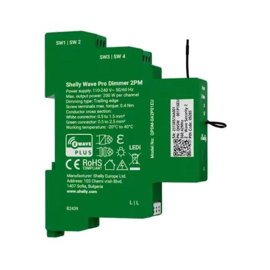 Relé Z-Wave Shelly Dimmer 2x200W Controle iluminação, Rail DIN, Medição