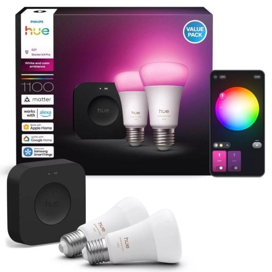 Kit de iluminacao inteligente Philips Hue White and Color Ambiance E27 A60 2 lampadas Bridge Pro Bluetooth Zigbee