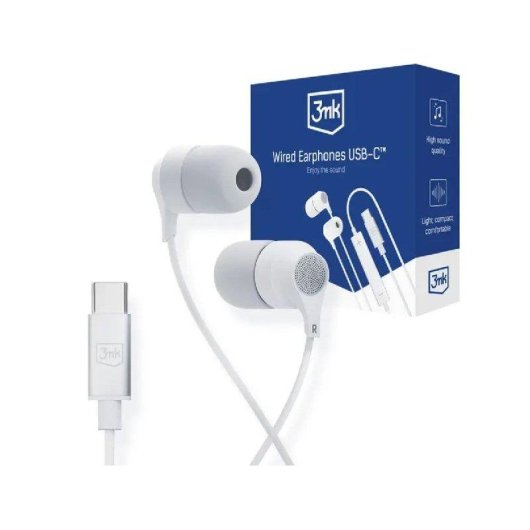 Auriculaires 3MK Wired USB-C filaires avec micro, télécommande et contrôle du volume Blancs