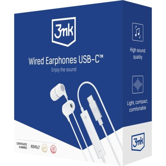 Auriculaires 3MK Wired USB-C filaires avec micro, télécommande et contrôle du volume Blancs