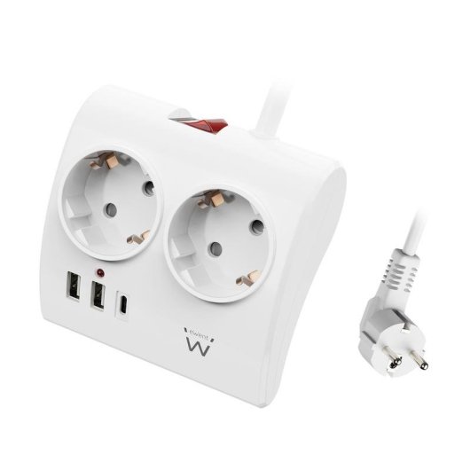 Energie-Station Ewent EW3871 2 Schuko-Steckdosen 2 USB-A 1 USB-C 1,5m Weiss Schalter