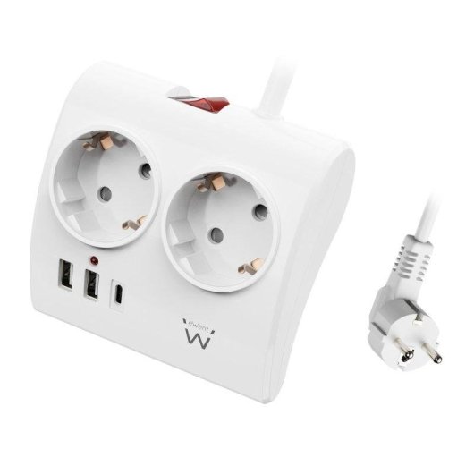 Energie-Station Ewent EW3871 2 Schuko-Steckdosen 2 USB-A 1 USB-C 1,5m Weiss Schalter
