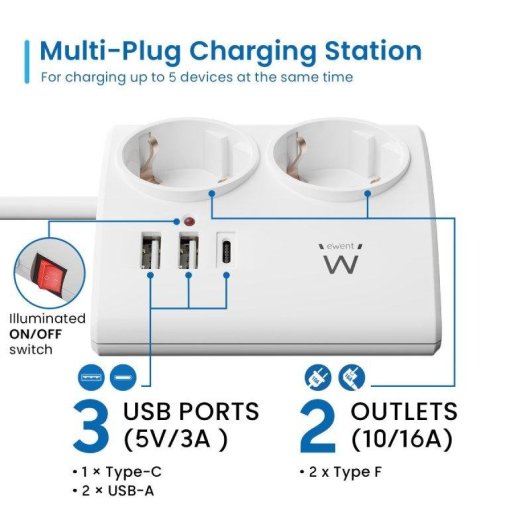 Energie-Station Ewent EW3871 2 Schuko-Steckdosen 2 USB-A 1 USB-C 1,5m Weiss Schalter