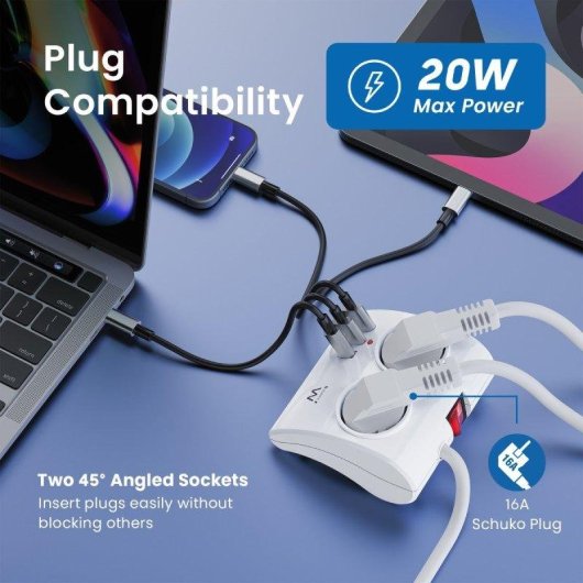 Energie-Station Ewent EW3871 2 Schuko-Steckdosen 2 USB-A 1 USB-C 1,5m Weiss Schalter