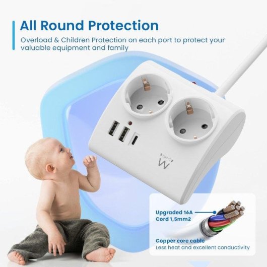 Energie-Station Ewent EW3871 2 Schuko-Steckdosen 2 USB-A 1 USB-C 1,5m Weiss Schalter