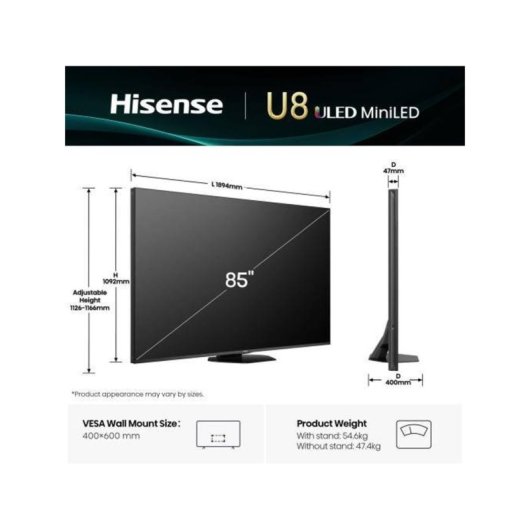 TV Hisense ULED 85U8Q 85" 4K UltraHD 165Hz Smart TV VIDAA HDR10+ Dolby Vision IMAX Enhanced