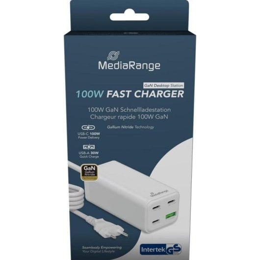 Cargador MediaRange MRMA124 100W GaN 3x USB-C 1x USB-A carga rápida blanco