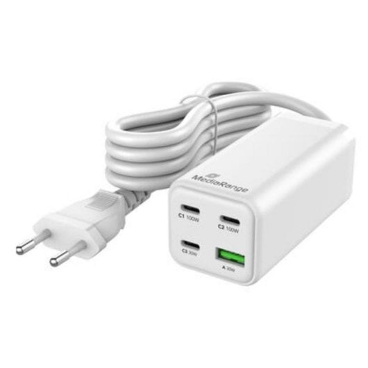 Cargador MediaRange MRMA124 100W GaN 3x USB-C 1x USB-A carga rápida blanco