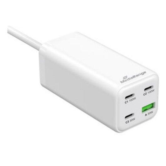 Cargador MediaRange MRMA124 100W GaN 3x USB-C 1x USB-A carga rápida blanco