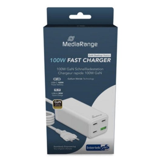 Cargador MediaRange MRMA124 100W GaN 3x USB-C 1x USB-A carga rápida blanco