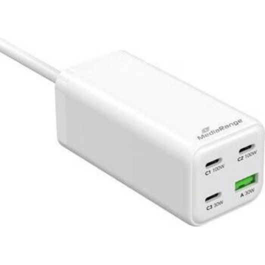 Cargador MediaRange MRMA124 100W GaN 3x USB-C 1x USB-A carga rápida blanco