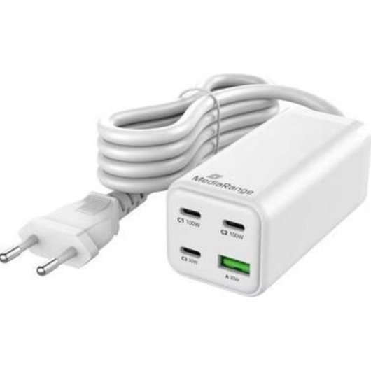 Cargador MediaRange MRMA124 100W GaN 3x USB-C 1x USB-A carga rápida blanco