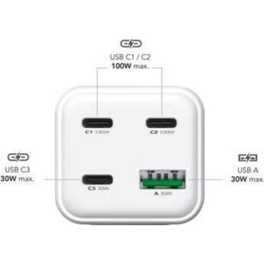 Cargador MediaRange MRMA124 100W GaN 3x USB-C 1x USB-A carga rápida blanco