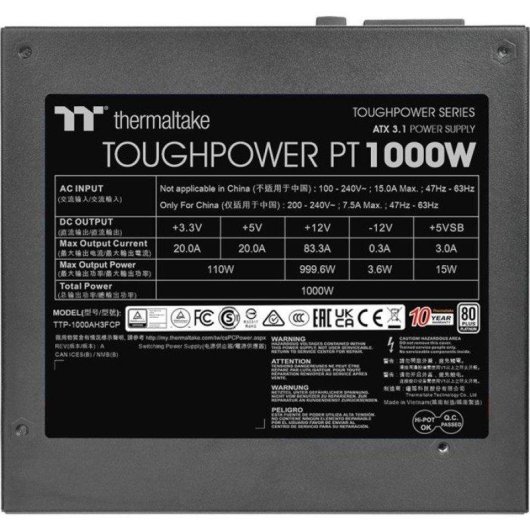 Fuente de Alimentación Thermaltake Toughpower PT 1000W 80 PLUS Platinum modulaire