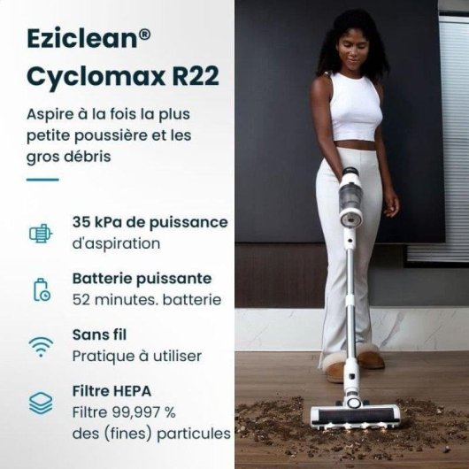 Aspirateur sans Fil EZIclean Cyclomax R22 Station 500W 52min HEPA 2,5L Blanc