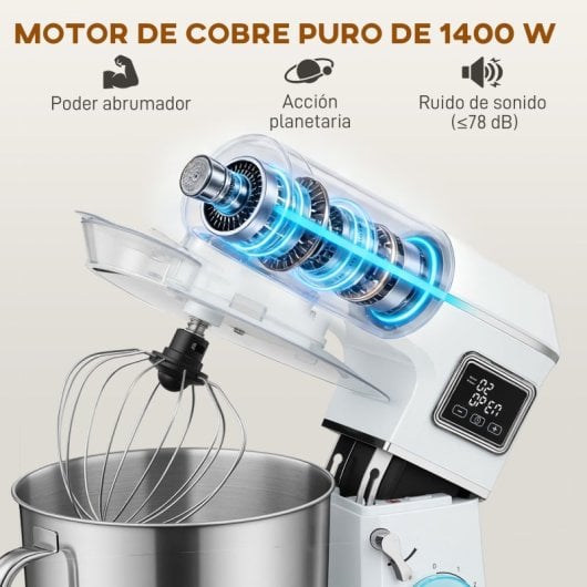 Homcom Batidora Amasadora 6l1400w 6 Velocidades Led Fermentación Blanco