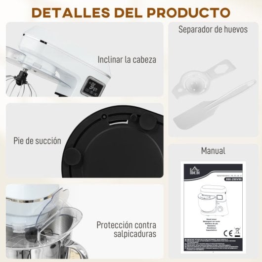 Homcom Batidora Amasadora 6l1400w 6 Velocidades Led Fermentación Blanco