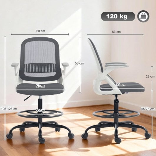 Homcom Silla De Escritorio De Malla Con Reposabrazos Abatibles Gris