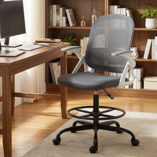 Homcom Silla De Escritorio De Malla Con Reposabrazos Abatibles Gris