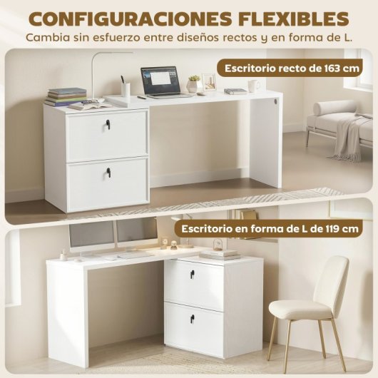 Homcom Escritorio Reversible En Forma De L Con 2 Cajones Blanco