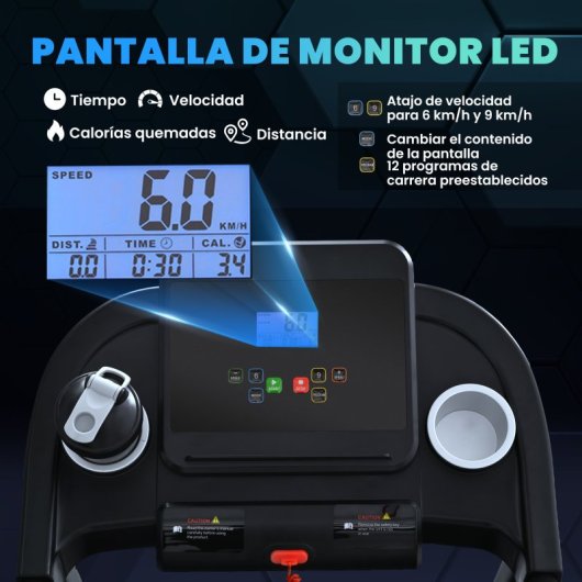 Homcom Cinta De Correr Para Casa 1-12 Km/h 1,5hp Con 12 Programas Ruedas Negro